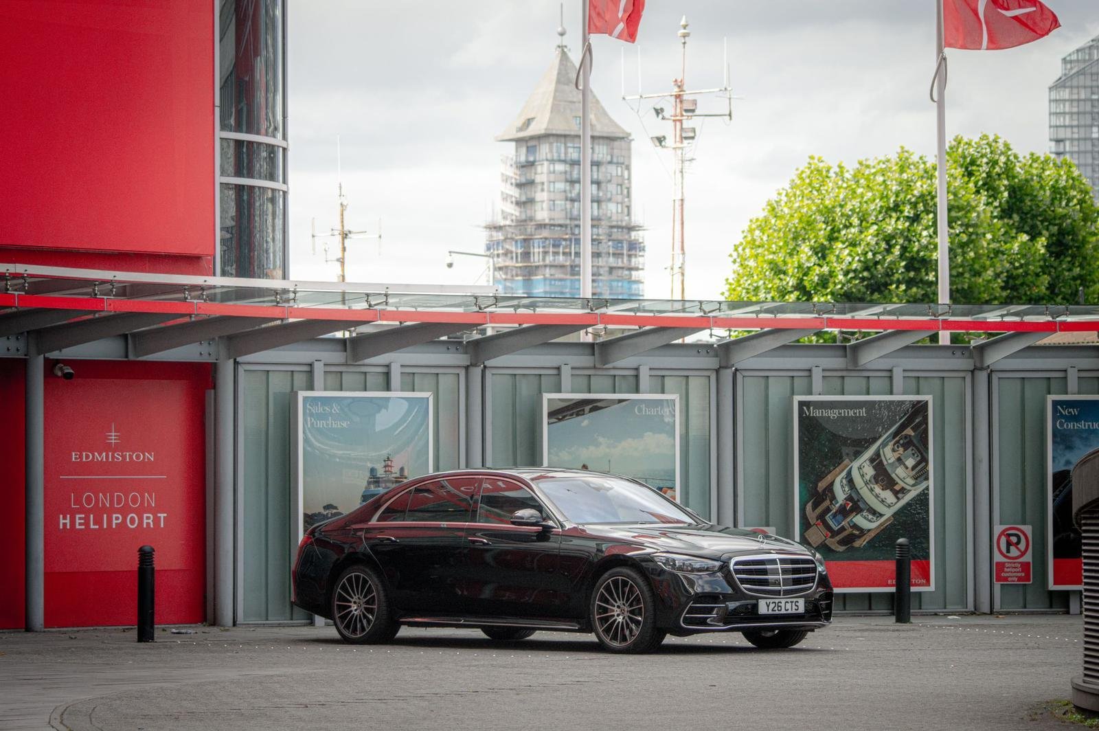Mercedes S-Class chauffeur car at Edmiston London Heliport