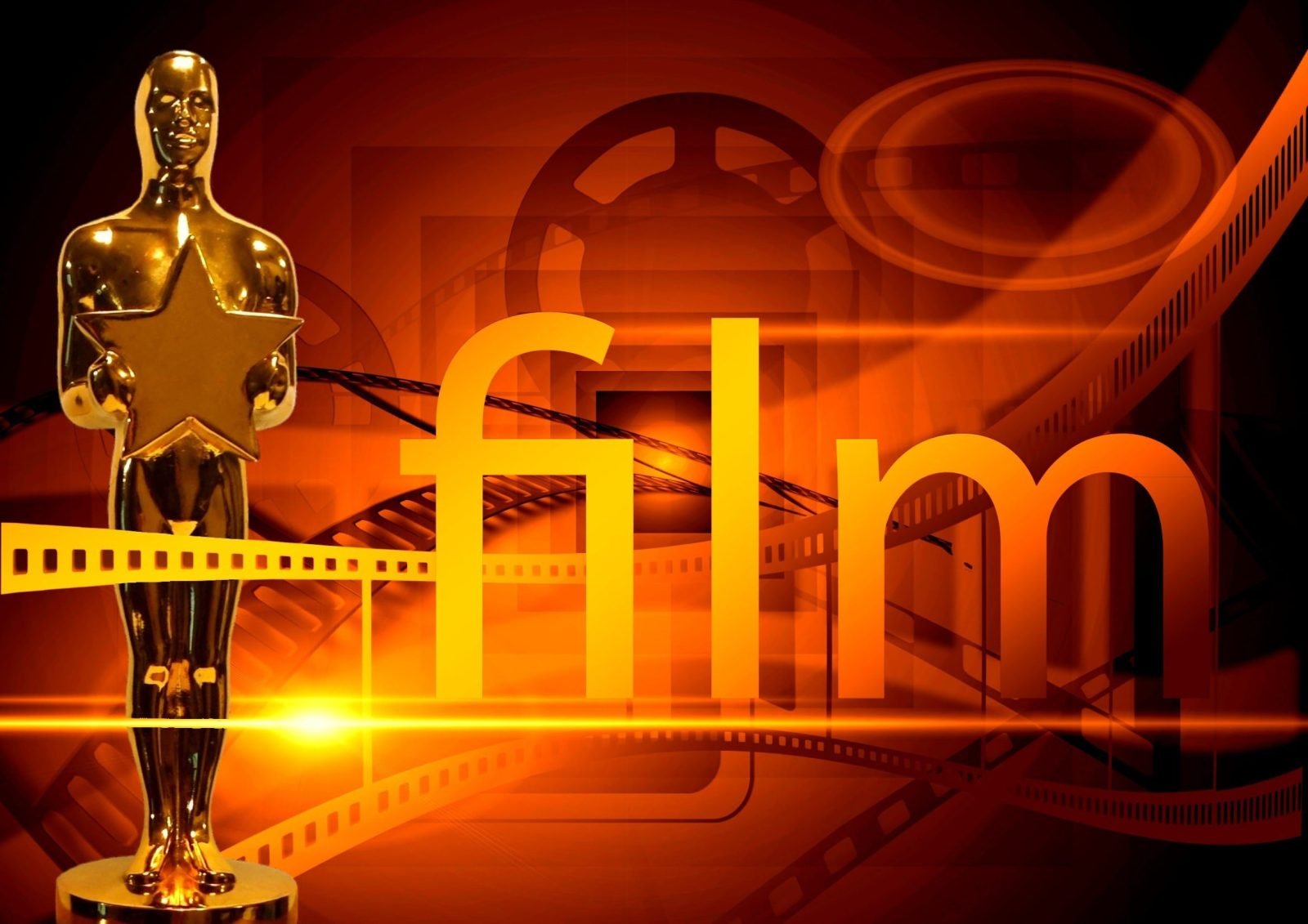 Illustration of a gold film award statuette beside the word film on a film-reel background